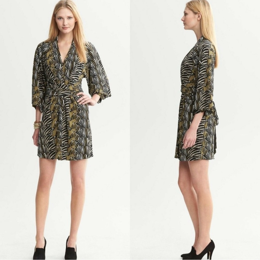 New Banana Republic Issa Collection Olive Zebra Printed Kimono Dress Size 0